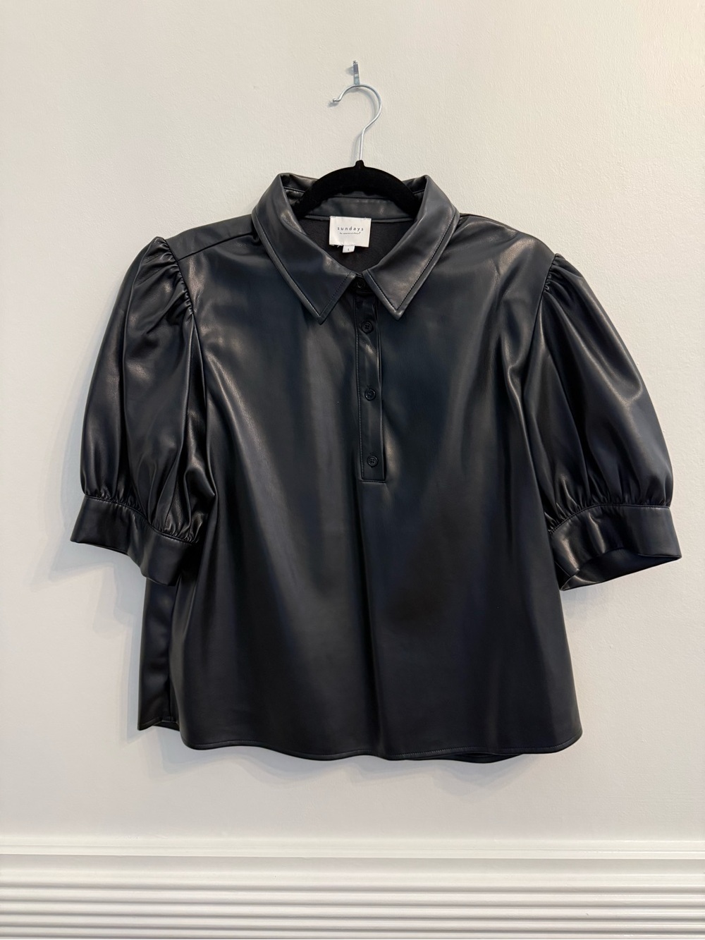 sundays Black Faux-Leather Puff Sleeve Button-Down Top